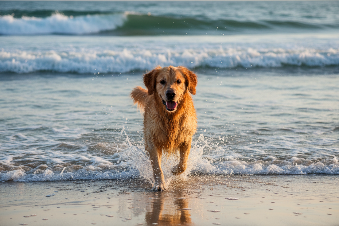 Banner Kronel - Golden Retriever mojado en la playa